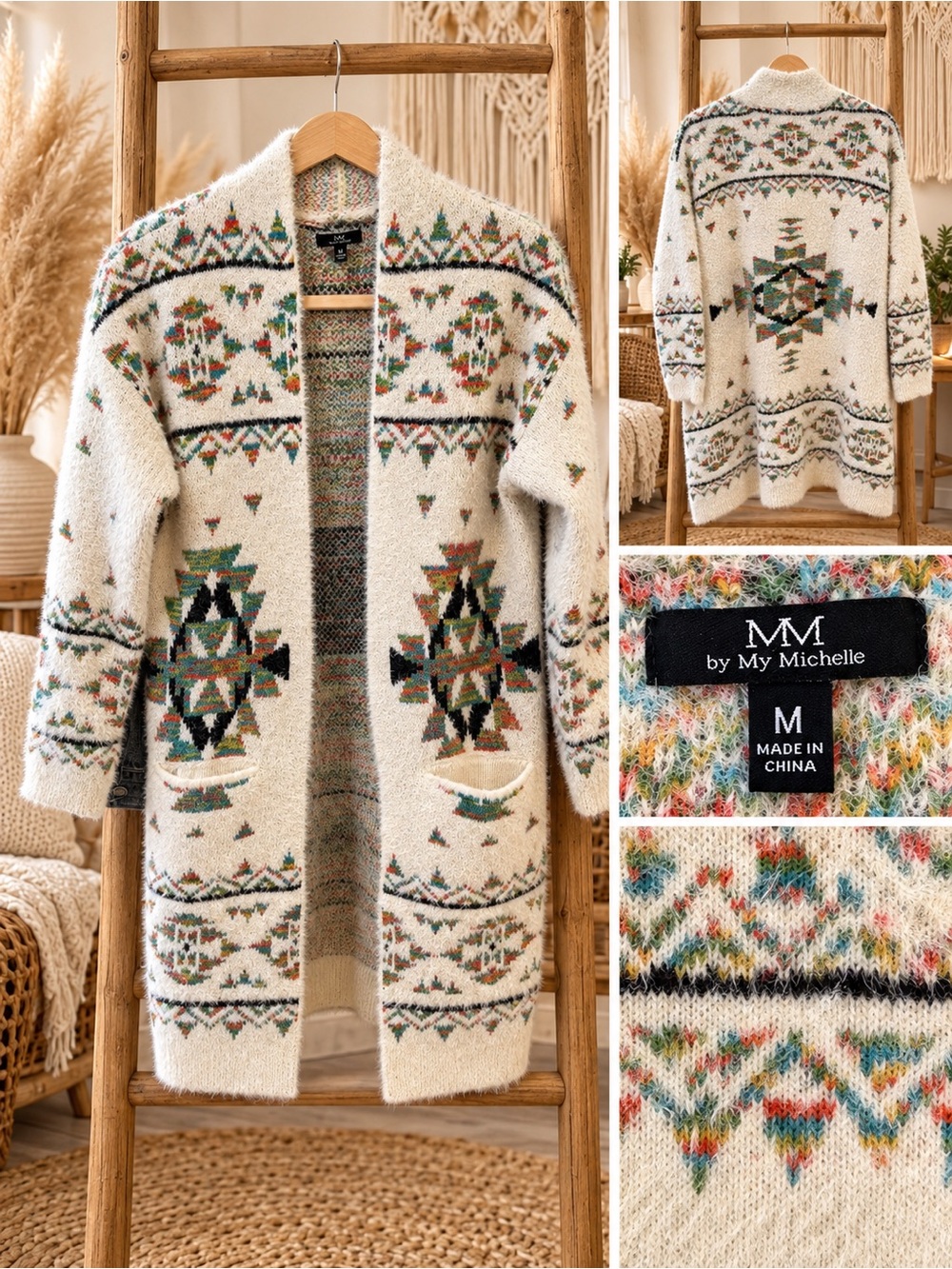 My Michelle Cream Aztec-Pattern Open Front Cardigan w/ Multicolor Accents Size M